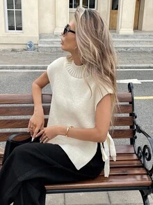 Serisse 女士纯色圆领系带休闲毛衣背心秋冬女装 - 杏色 - 查看 3