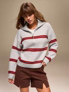 Qadelle Women's Autumn/Winter Polo Collar Half Zip Striped Contrast Color Loose Knit Sweater - Grey - View 3