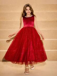 Váy Maxi Sequin Burgundy Cho Bé Gái, Váy Công Chúa Cho Tiệc, Đám Cưới, Biểu Diễn, Cuộc Thi Hoa Hậu, Dịp Trang Trọng - Đỏ - Xem 9