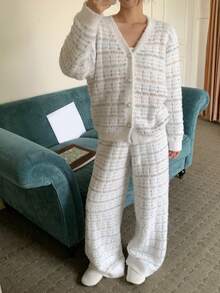 DAZY 格子图案宽松长袖针织上衣和裤子两件套睡衣，女士秋冬保暖舒适睡衣