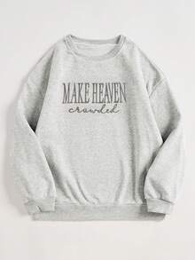 Plus Size Women Casual Loose Fit Letter Embroidered Crew Neck Long Sleeve Fleece Sweatshirt, Autumn/Winter - Grey - View 2