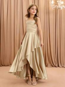 Tween Girl Elegant Fashion Luxurious Spaghetti Strap Criss-Cross Shoulder Sleeveless High Waist Cinched Waist Flared Hem Long Asymmetric Hem Design Solid Satin Shiny Fabric High-End Christmas, Graduation, Party, Halloween Dress - Champagne - View 7