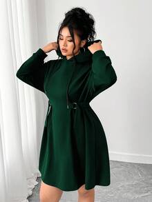 Elenzga Fashionable Casual Commuter Chic Comfortable Cinched Waist Hooded Dress - Dark Green - View 3