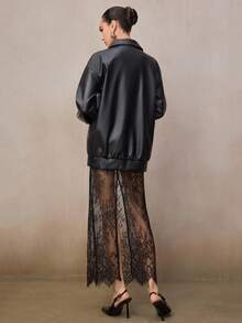 Modelyn 2pcs Women Elegant Leather Jacket + Lace Midi Skirt Set, Autumn - Black - View 2