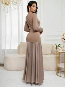Veilorie Elegant Patchwork Design Mermaid Dress - Khaki - View 6
