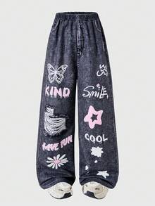 Tween Girls Elastic Waist Loose Printed Wide Leg Pants, Suitable For Street & Everyday Wear, Spring/Autumn - Multicolor - View 3