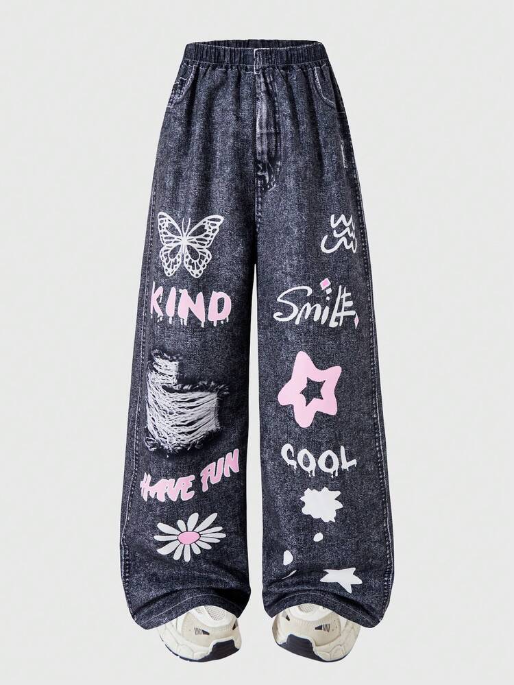 Tween Girls Elastic Waist Loose Printed Wide Leg Pants, Suitable For Street & Everyday Wear, Spring/Autumn - Multicolor - View 3