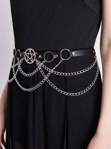 ROMWE Goth 1 件女士黑色镂空星星和圆圈装饰链腰带，朋克风格装饰，适合日常穿着 - 黑色五角星多層鏈條 - 查看 5