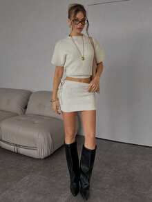 SHEIN BAE Women's Casual Side Tie Solid Color Knit Skirt,,Winter ,Women's Winter Clothes , Autumn Winter Women,Halloween,New Year,Thanksgiving Outfit For Women ,Thanksgiving Outfit For Women ,Party Outfit ,White Short Skirt, Sweater Skirt, White Skirt,