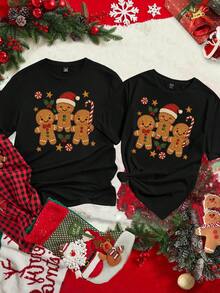 Manfinity Homme Men's Casual Christmas Gingerbread Man Embroidered Graphic Slim Fit Short Sleeve T-Shirt Funny Christmas Shirt