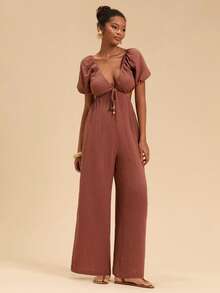 Travachic Damen einfarbiger tiefer V-Ausschnitt, sexy kurzer Jumpsuit mit Hohlmuster