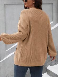SHEIN LUNE 大码休闲交叉蝙蝠袖宽松针织毛衣，秋冬 - 卡其色 - 查看 2