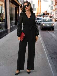 Editum Bộ đồ liền thân ống rộng tay đèn lồng lưới sọc thanh lịch dành cho nữ, Thu/Đông - màu đen - Xem 6