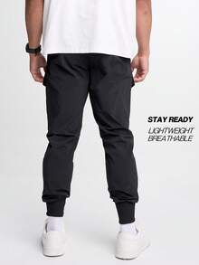 Men's Elastic Waist Zipper Pocket Casual Tapered Sports Pants - Black - View 4