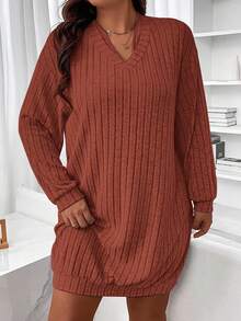 SHEIN LUNE 大码柔软磨毛罗纹V领长袖系带领口装饰袖口和下摆及膝卫衣裙，优雅百搭，适合外出、聚会和居家穿着。 - 橘色 - 查看 3