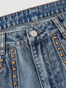 Sweetra Vaqueros rectos de bolsillo con remaches de moda y estilo casual - Azul lavado medio - Ver 8