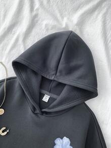 SHEIN 少女灰色休闲连帽运动衫，带口袋和十字设计，百搭长袖套头衫，适合女孩的秋冬服装 - 深灰色 - 查看 3