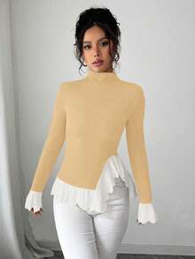 Selianne Camiseta de manga larga con cuello alto y volantes de color contrastante para mujer - Caqui - Ver 4