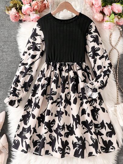 SHEIN Sparklyn 1 件套花卉印花优雅时尚休闲连衣裙，适合少女，适合外出、返校季