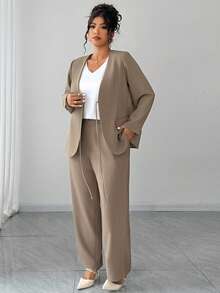 Dazy Plus Conjunto de terno casual feminino plus size, 2 peças, blazer e calça de manga comprida com design de gravata, primavera/outono - Caqui - Ver 4