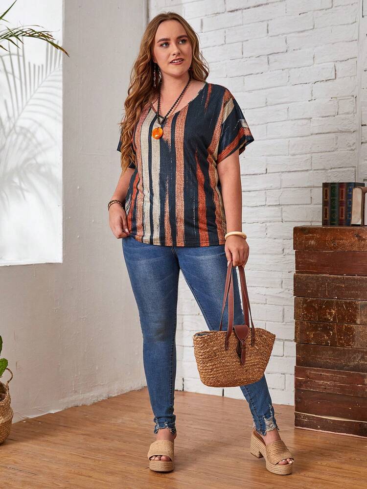 Plus V-Neck Striped Tee, Summer,Spring/Vacation