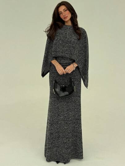 Aloruh 2 件套：纹理花卉雪纺不对称肩部罩衫 + 超长腰裙，浪漫度假风格，秋冬