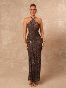 Lumalex 豹纹露背系带修身褶皱金属装饰连衣裙，适合女士，尽显奢华新年新风尚，适合舞会、聚会、宴会、低调奢华、老钱贵妇、闪亮节日派对、锐舞节、郊游、度假、户外、婚礼季、宴会、宰牲节、新年派对、派对造型、早春派对礼服、正式新年夜优雅派对礼服、豹纹连衣裙 - 咖啡棕 - 查看 6