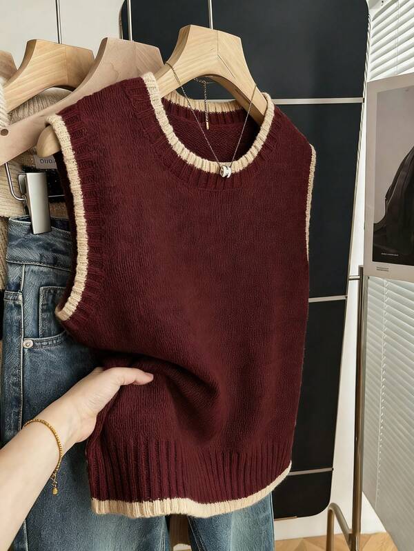 Franclia Casual Loose Crew Neck Sleeveless Knit Contrast Trim Khaki Sweater Top For Women, Spring/Autumn