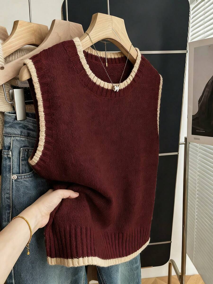 Franclia 女式休闲宽松圆领无袖针织撞色饰边卡其色毛衣上衣，春秋季 - 杏色 - 查看 1