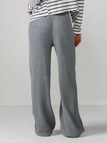 MISSGUIDED Ribbed Knit Wide Leg Palazzo Pants High Rise Comfortable Loungewear Casual Bottoms - Grey - View 2