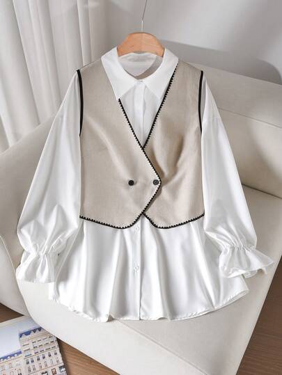 CosyJoli Conjunto de 2 piezas para mujer talla grande: Chaleco cruzado y camisa de manga larga