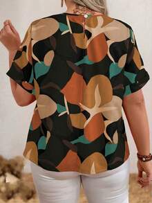 EMERY ROSE Plus Geo Print Batwing Sleeve Blouse For Summer Vacation