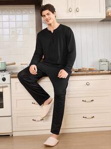 CoupledUp Men's Notched Neck Decorative Button Casual Thin Long Sleeve Top & Pants Pajama Clothes Set, Autumn/Winter - Black - View 5