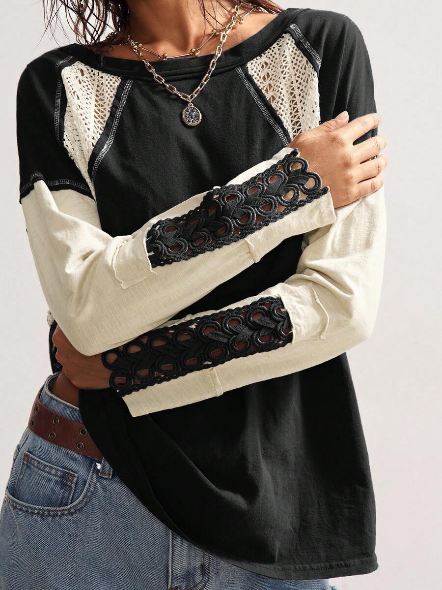 Bohemela Casual Knit Patchwork Round Neck Long Sleeve Loose Women T-Shirt,Fall,Fall Clothes For Women,Women's Winter Clothes - Multicolor - View 1