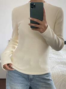 DAZY Áo thun tay dài trơn màu cơ bản dành cho nữ, trang phục công sở thường ngày có lót nhiệt, mùa thu/đông - Màu be - Xem 1