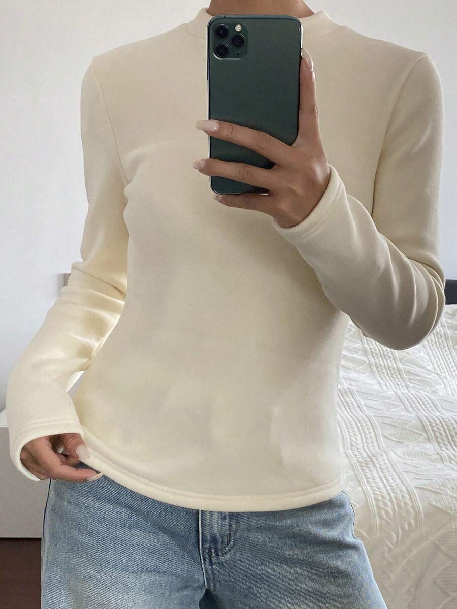 DAZY Áo thun tay dài trơn màu cơ bản dành cho nữ, trang phục công sở thường ngày có lót nhiệt, mùa thu/đông - Màu be - Xem 1