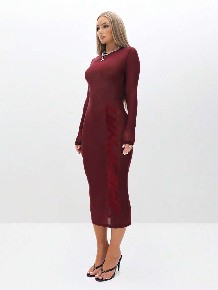 BABYPHAT Long Sleeve Bodycon Midi Dress With Round Neckline Fall Winter Evening Wear