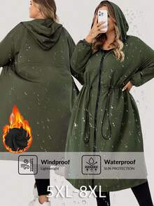 SHEIN CURVE+ 加大码女式绿色抽绳连帽保暖内衬长袖风衣，加大码女式连帽夹克雨衣秋冬装 - 綠色 - 查看 1