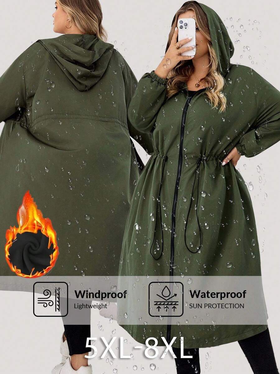 SHEIN CURVE+ 加大码女式绿色抽绳连帽保暖内衬长袖风衣，加大码女式连帽夹克雨衣秋冬装 - 綠色 - 查看 1