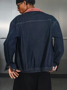 Manfinity EMRG Men's Drop Shoulder Color Block Collar Loose Zip-Up Fashionable Denim Oversized Jacket Crop Jacket For Men Vintage Jacket Men Rhinestone Jacket Men - Dark Wash - View 2