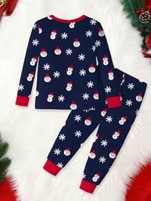 Conjunto de pijama azul marinho para menino de Natal, 2 peças, estampa de boneco de neve e floco de neve, que brilha no escuro, tecido de malha elástica, blusa e calça de manga comprida confortáveis