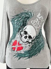 Sunspun Plus Size Vintage Punk Skull & Wing Print Long Sleeve T-Shirt, Autumn - Grey - View 3