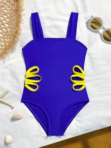 Sparklyn Traje de baño de una pieza con diseño calado para niña, ideal para vacaciones en la playa - Azul Marino - Ver 3