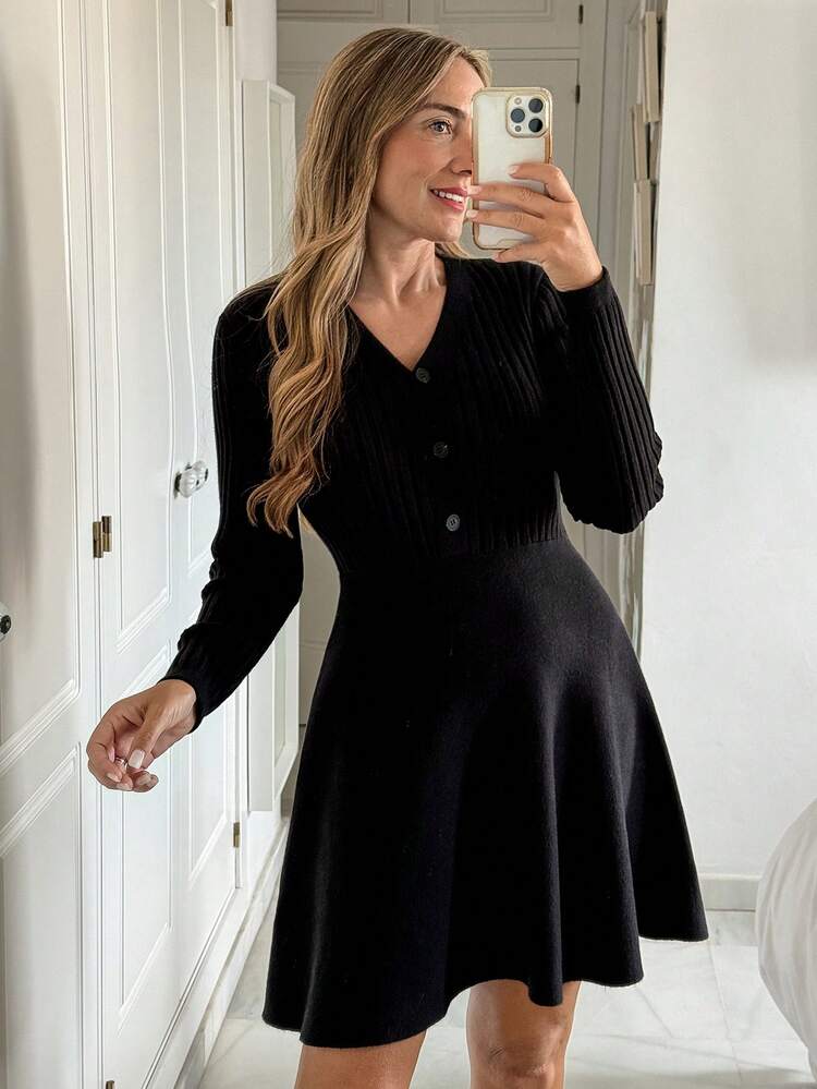 Women V-Neck Fitted Waist A-Line Short Sweater Dress