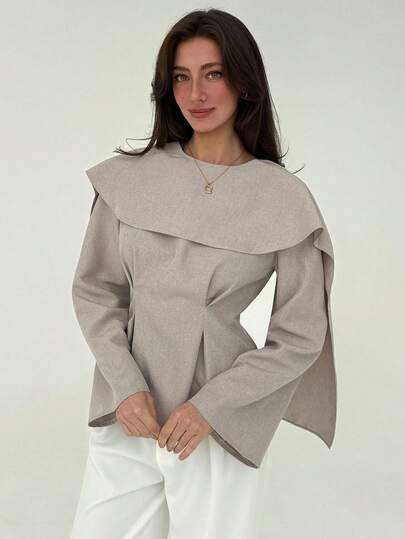 Aloruh 女士纯色缎带设计褶裥腰部时尚衬衫，适合秋季穿着，也适合所有女性秋季办公室通勤穿着。