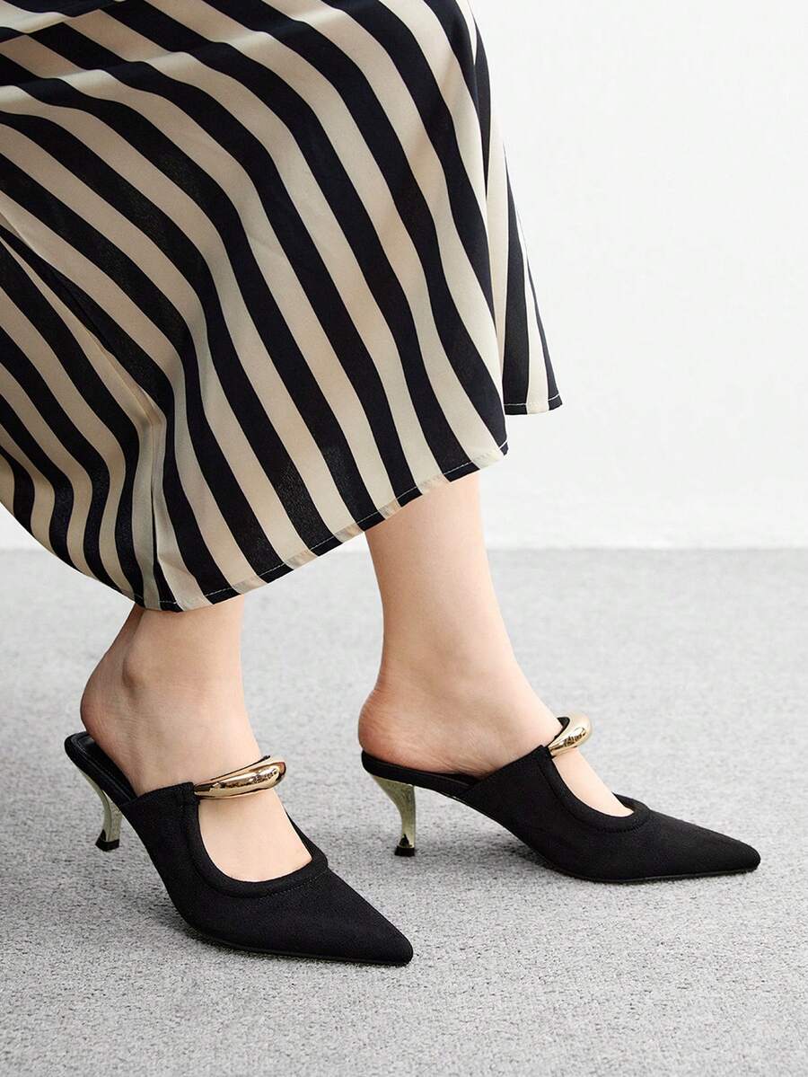 CUCCOO BIZCHIC 女士尖头细高跟鞋，优雅通勤工作办公室正装鞋，黑色 PU 皮革穆勒鞋，带金属新月形扣装饰 - 黑色 - 查看 1