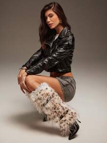 SHUZIA 女士时尚毛茸茸尖头细高跟及膝靴，带扣带装饰 - 米色 - 查看 5