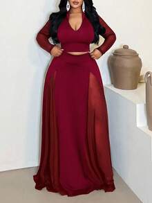 Maweii 大码女式深V领长袖上衣和半裙优雅性感透视两件套 - 酒紅色 - 查看 6