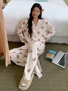 DAZY Chicken Print All-Over Women Pajama Set, Winter Clothes - Khaki - View 8