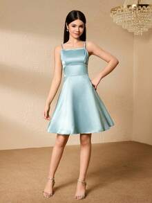 SHEIN Vestido de tirantes minimalista de unicolor elegante para adolescentes, de verano - Agua verde azul - Ver 7